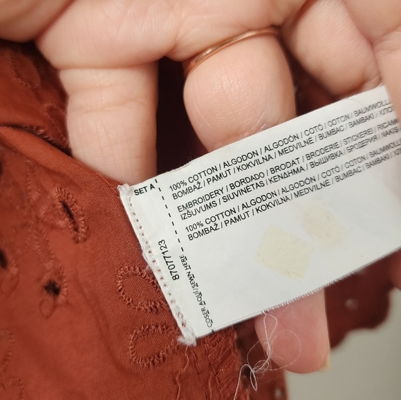 MNG Shirred Eyelet Crop Puff Sleeve Ruffle Top Terracotta Boho Prairie Peplum 2 - Picture 12 of 12